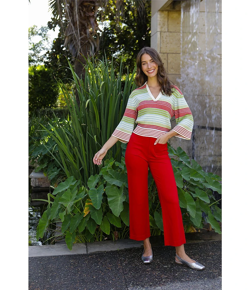 APNY Ribbed Knit V-Neck 3/4 Sleeve Stripe Polo Top