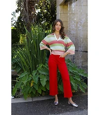 APNY Ribbed Knit V-Neck 3/4 Sleeve Stripe Polo Top