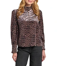 APNY Satin Animal Print Mock Neck Long Sleeve Smocked Blouse