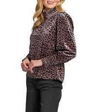 APNY Satin Animal Print Mock Neck Long Sleeve Smocked Blouse