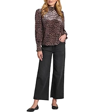 APNY Satin Animal Print Mock Neck Long Sleeve Smocked Blouse