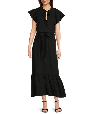 APNY Smocked Tassel V-Neck Short Sleeve A-Line Midi Dress