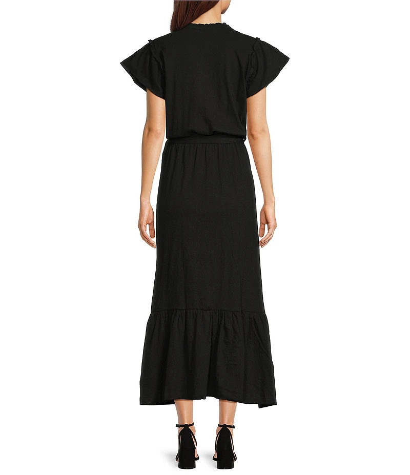 APNY Smocked Tassel V-Neck Short Sleeve A-Line Midi Dress