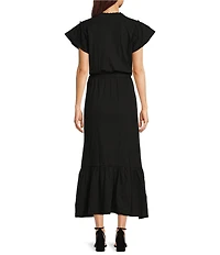 APNY Smocked Tassel V-Neck Short Sleeve A-Line Midi Dress