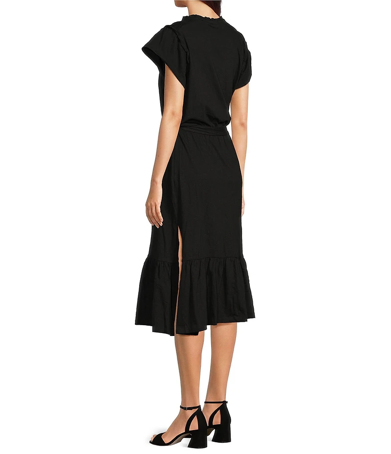 APNY Smocked Tassel V-Neck Short Sleeve A-Line Midi Dress