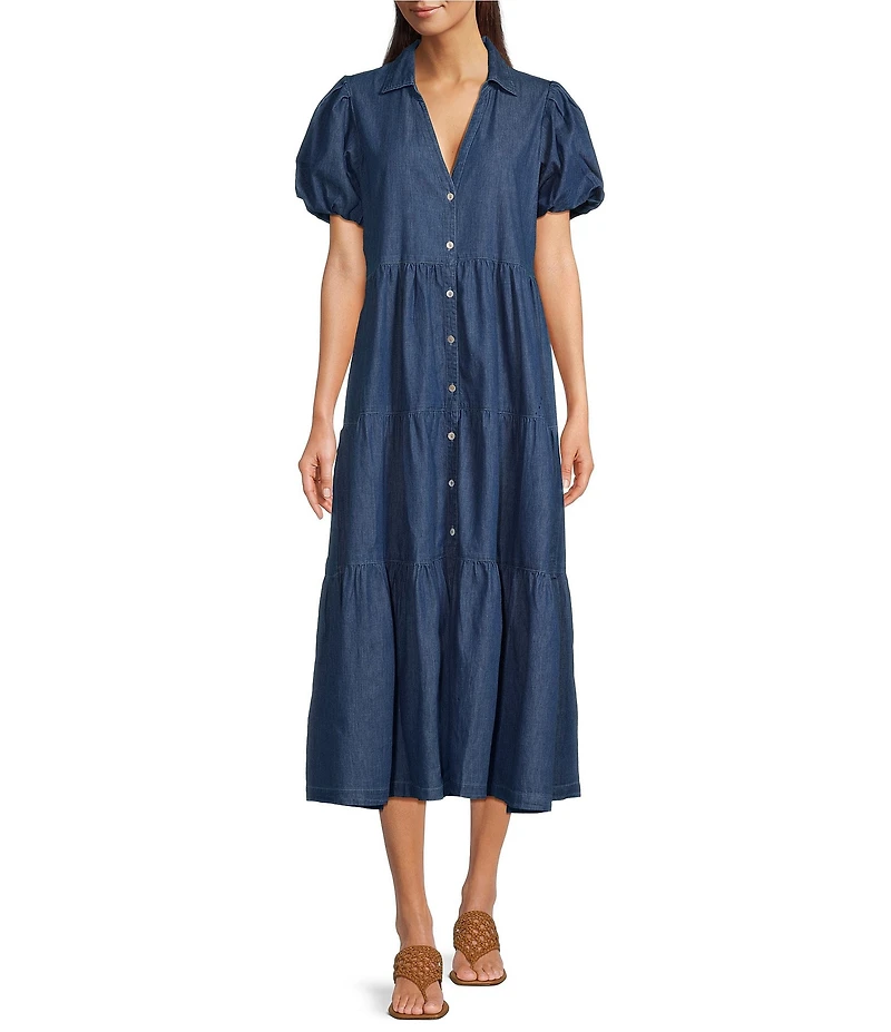 APNY Split Neck Short Puff Sleeve Button Front Tiered A-Line Dress