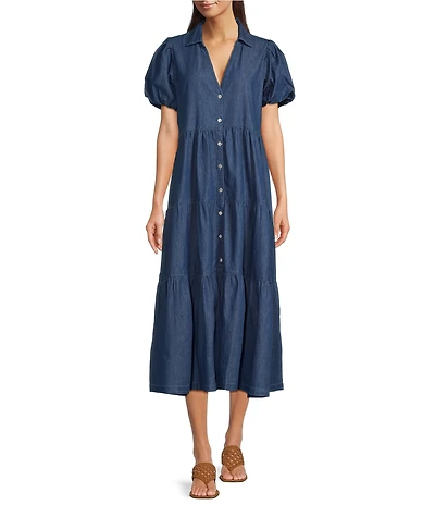 APNY Split Neck Short Puff Sleeve Button Front Tiered A-Line Dress