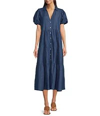 APNY Split Neck Short Puff Sleeve Button Front Tiered A-Line Dress