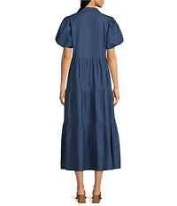 APNY Split Neck Short Puff Sleeve Button Front Tiered A-Line Dress