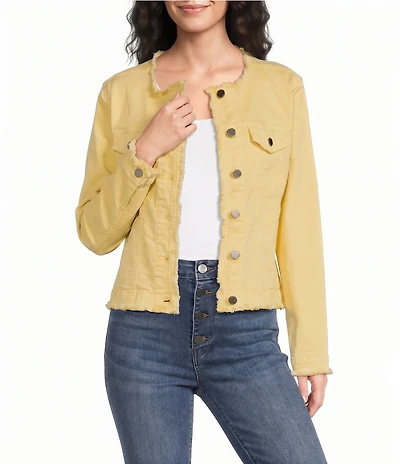 APNY Stretch Collarless Long Sleeve Denim Frayed Jacket