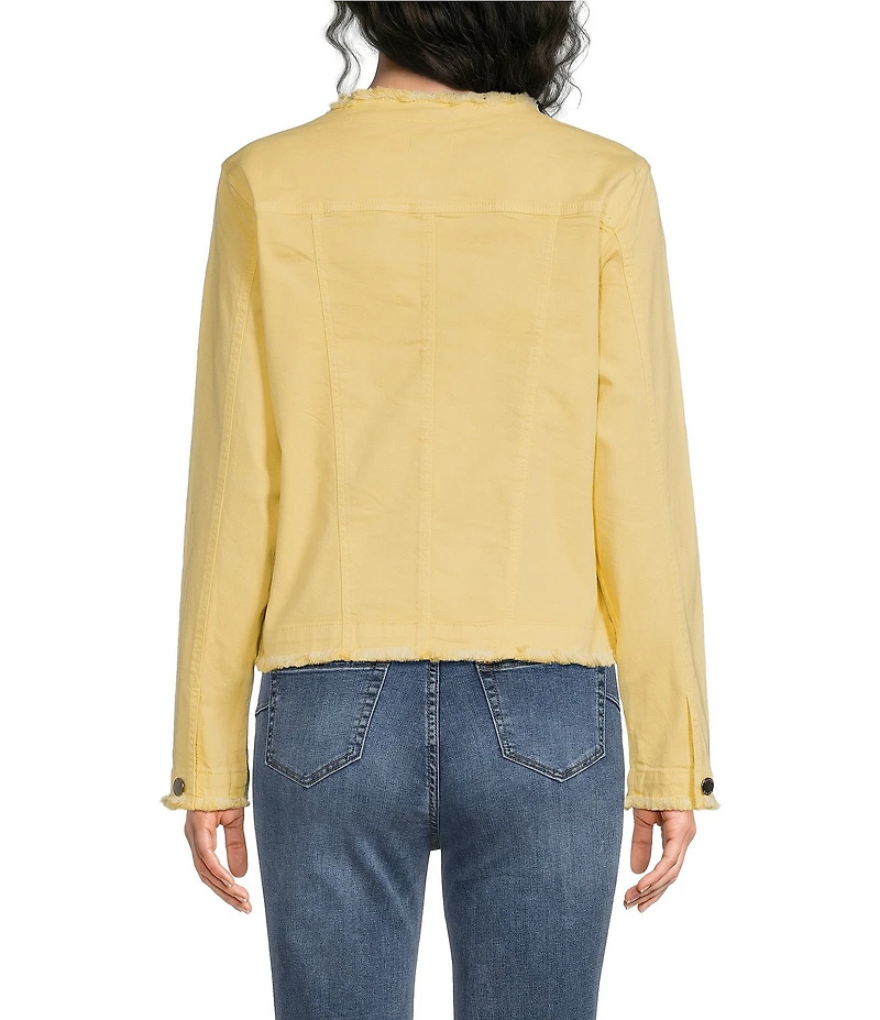 APNY Stretch Collarless Long Sleeve Denim Frayed Jacket
