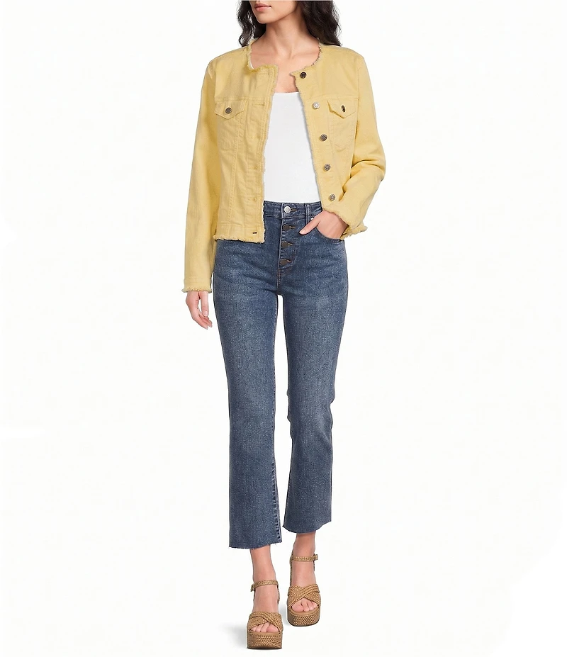 APNY Stretch Collarless Long Sleeve Denim Frayed Jacket