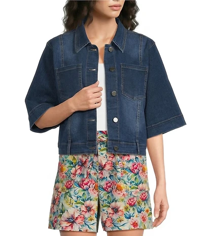 APNY Stretch Point Collar Short Sleeve Cropped Denim Jacket