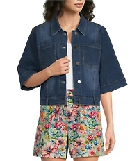 APNY Stretch Point Collar Short Sleeve Cropped Denim Jacket