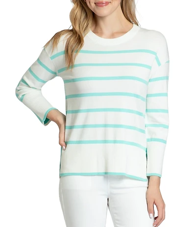 APNY Stripe Crew Neck Side Slit Hem Long Sleeve Pullover