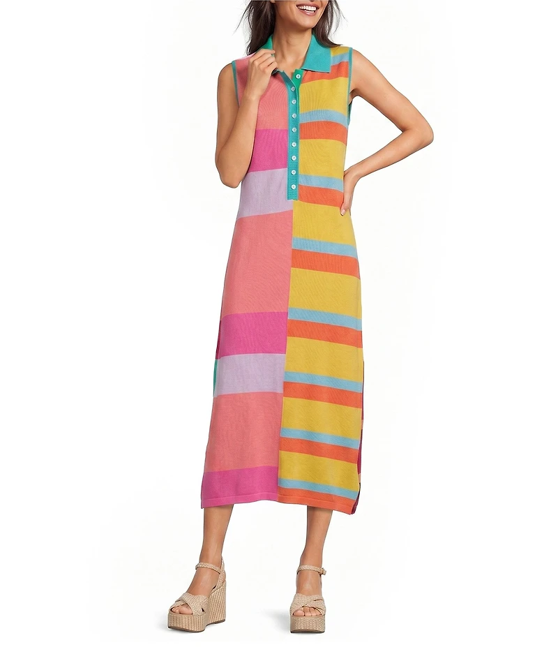 APNY Stripe Polo Collar Sleeveless Midi Length Dress