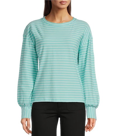 APNY Striped Crew Neck Long Puff Sleeve Top