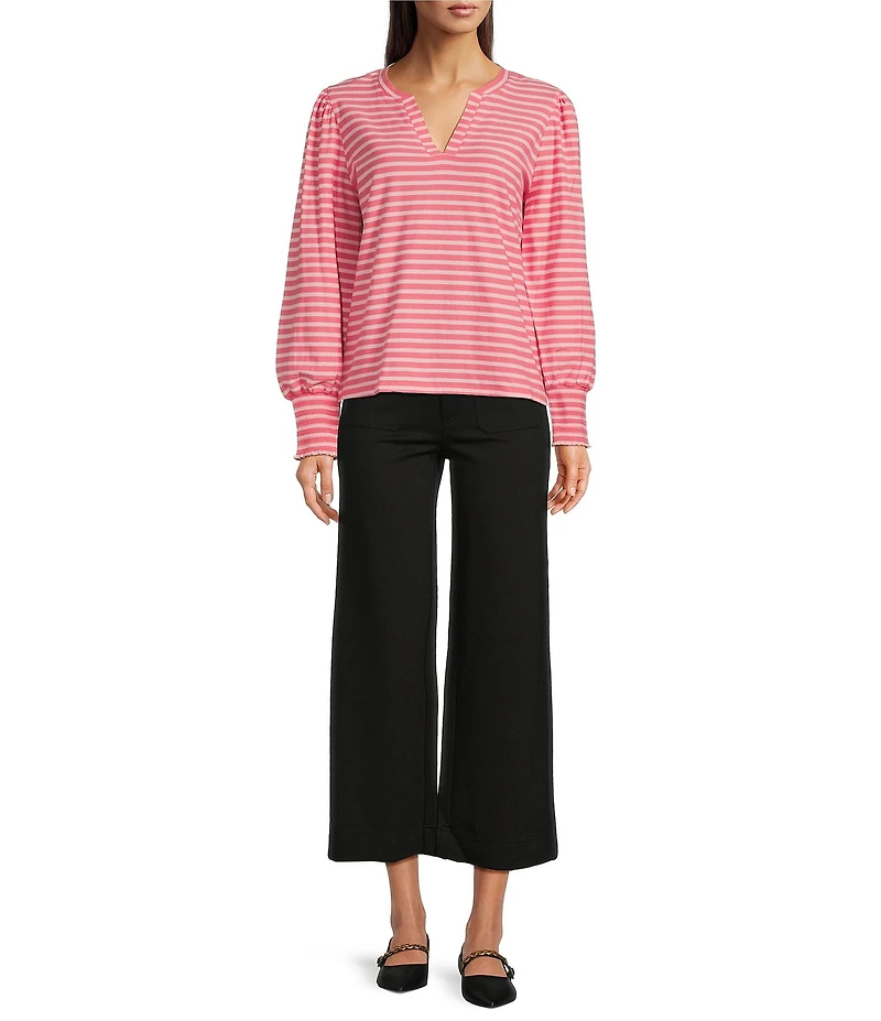 APNY Striped V-Neck Long Peasant Sleeve Top