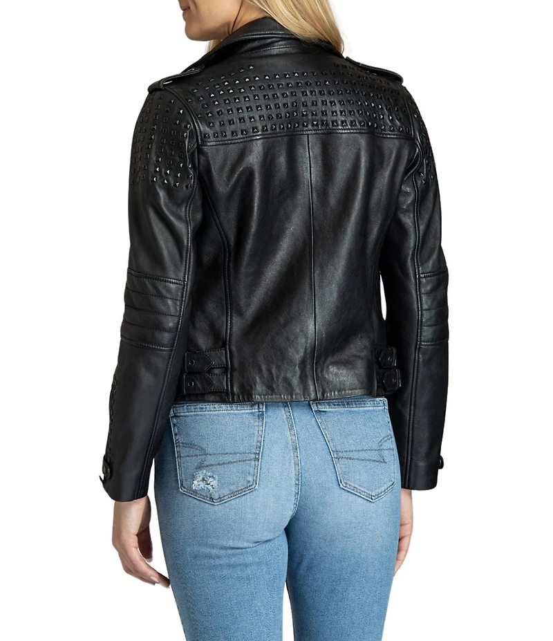 APNY Studded Leather Notch Collar Long Sleeve Cropped Jacket