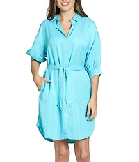 APNY Tencel Spread Collar 3/4 Puff Sleeve Belted Button Front Shirt Dress