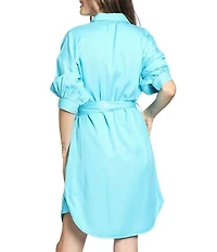 APNY Tencel Spread Collar 3/4 Puff Sleeve Belted Button Front Shirt Dress