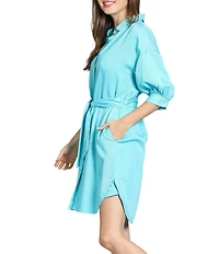 APNY Tencel Spread Collar 3/4 Puff Sleeve Belted Button Front Shirt Dress