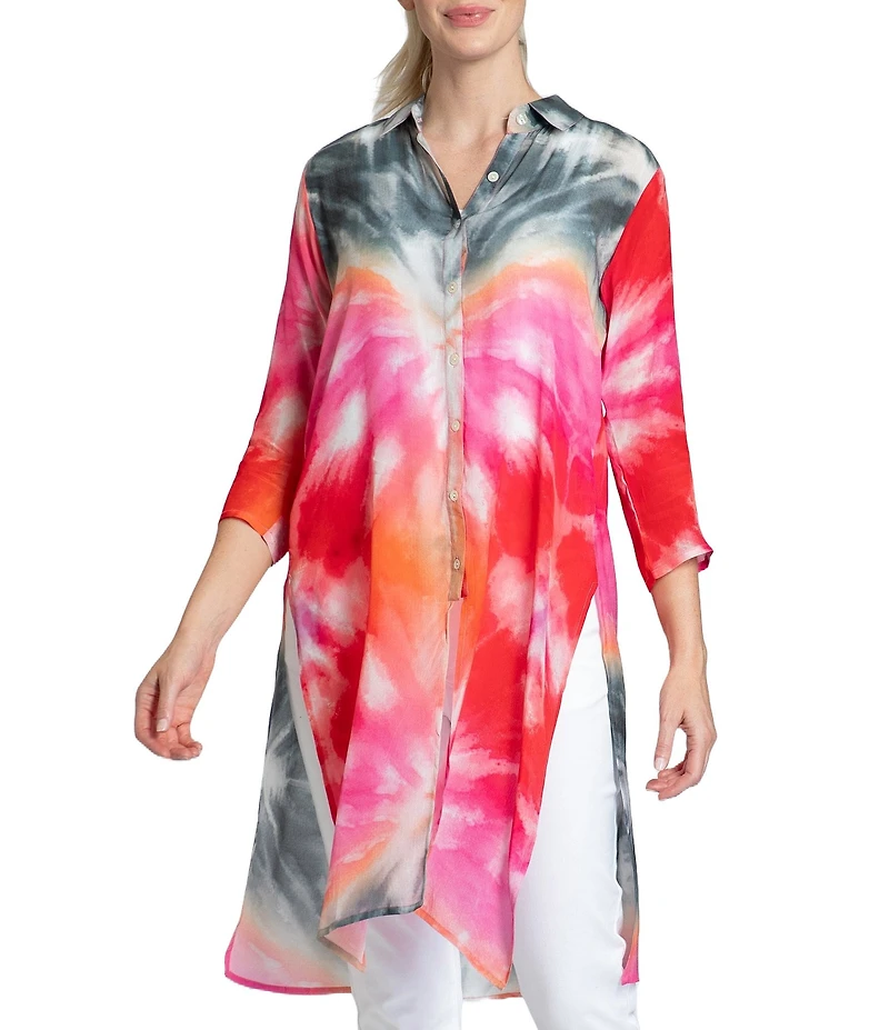 APNY Tie Dye Woven Collared 3/4 Sleeve Button Up Top