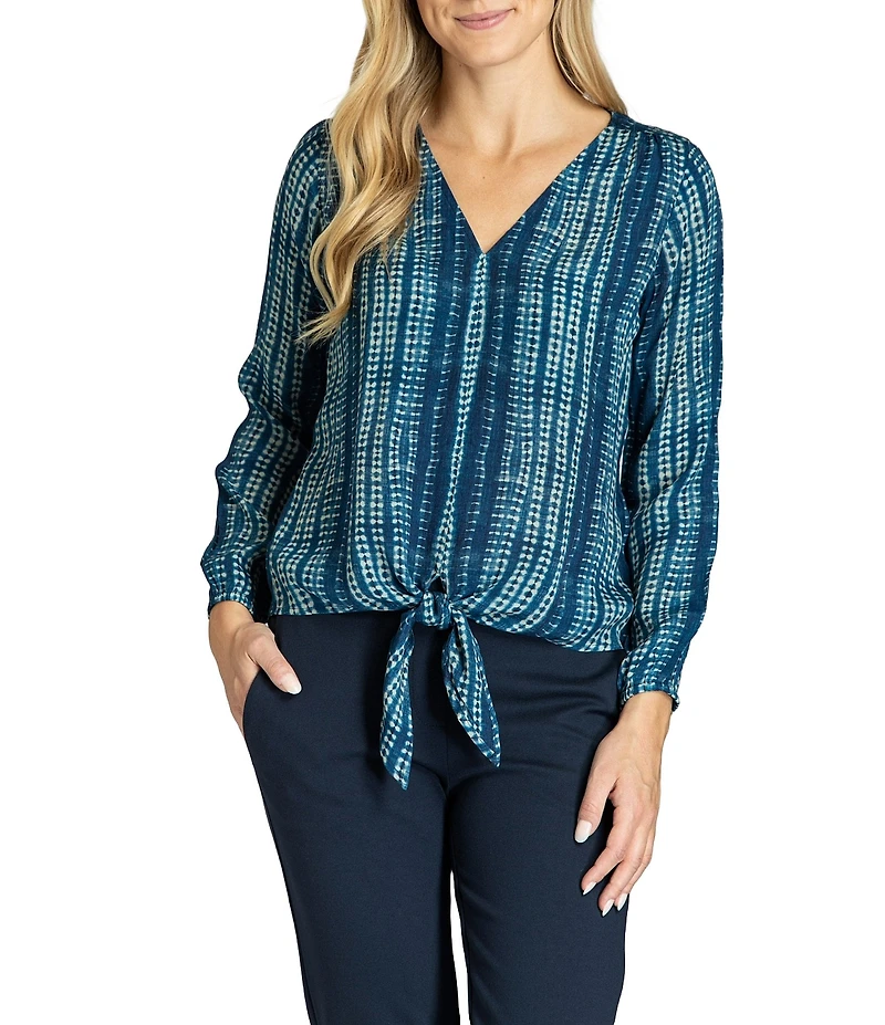 APNY V-Neck Long Sleeve Tie Front Printed Top
