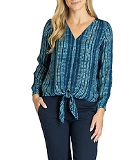 APNY V-Neck Long Sleeve Tie Front Printed Top