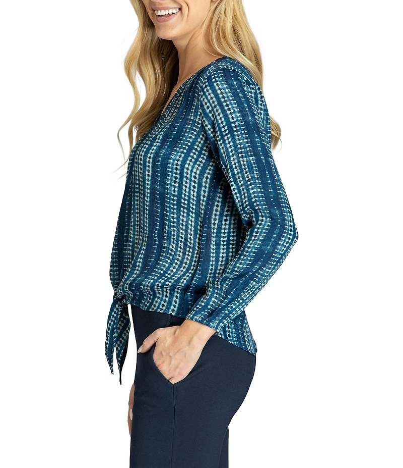 APNY V-Neck Long Sleeve Tie Front Printed Top