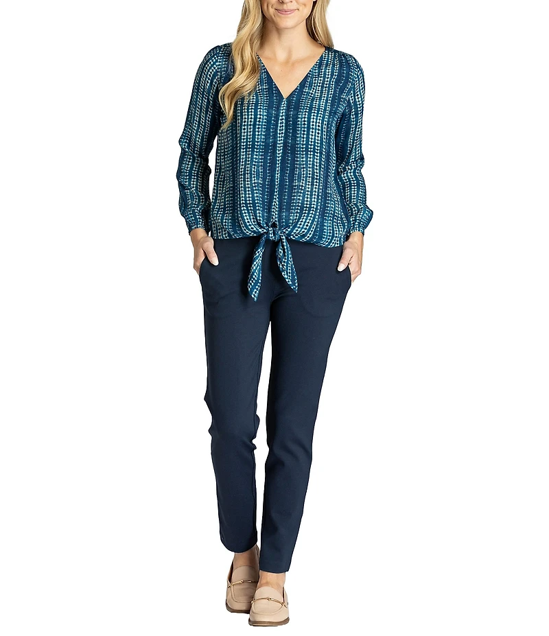 APNY V-Neck Long Sleeve Tie Front Printed Top
