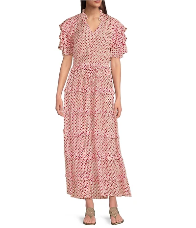 APNY V-Neck Short Sleeve Cinched Waist Tiered Maxi Dress
