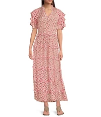 APNY V-Neck Short Sleeve Cinched Waist Tiered Maxi Dress