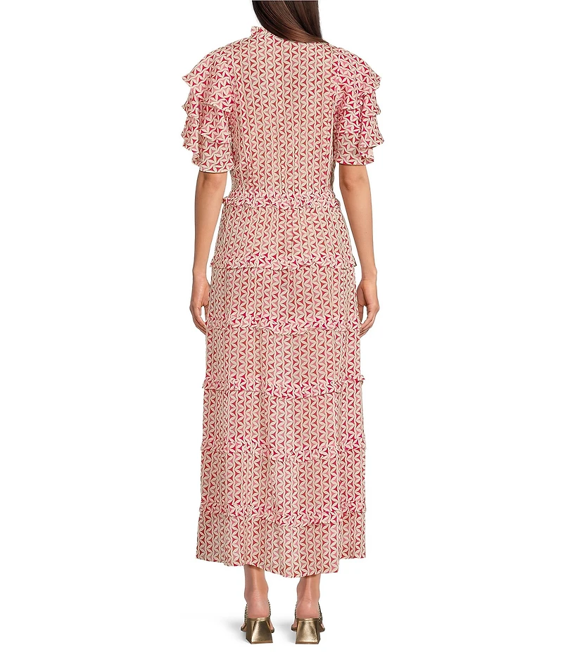 APNY V-Neck Short Sleeve Cinched Waist Tiered Maxi Dress