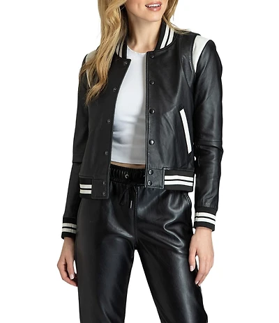 APNY Varsity Stripes Lamb Leather Round Neck Long Sleeve Jacket