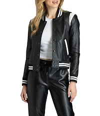 APNY Varsity Stripes Lamb Leather Round Neck Long Sleeve Jacket