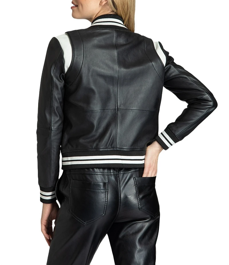 APNY Varsity Stripes Lamb Leather Round Neck Long Sleeve Jacket