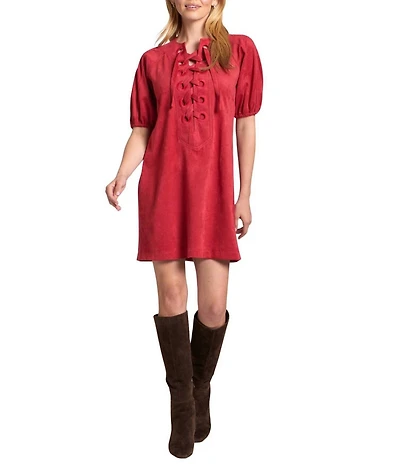 APNY Vegan Suede Lace-Up Short Puff Sleeve Dress