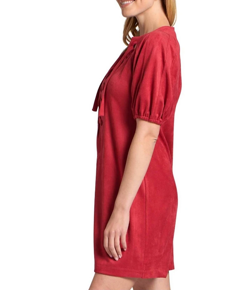 APNY Vegan Suede Lace-Up Short Puff Sleeve Dress
