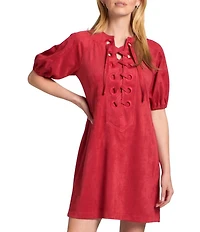 APNY Vegan Suede Lace-Up Short Puff Sleeve Dress