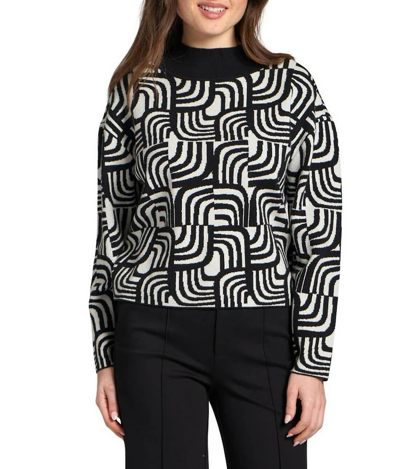 APNY Wool Blend Knit Jacquard Mock Neck Long Sleeve Sweater