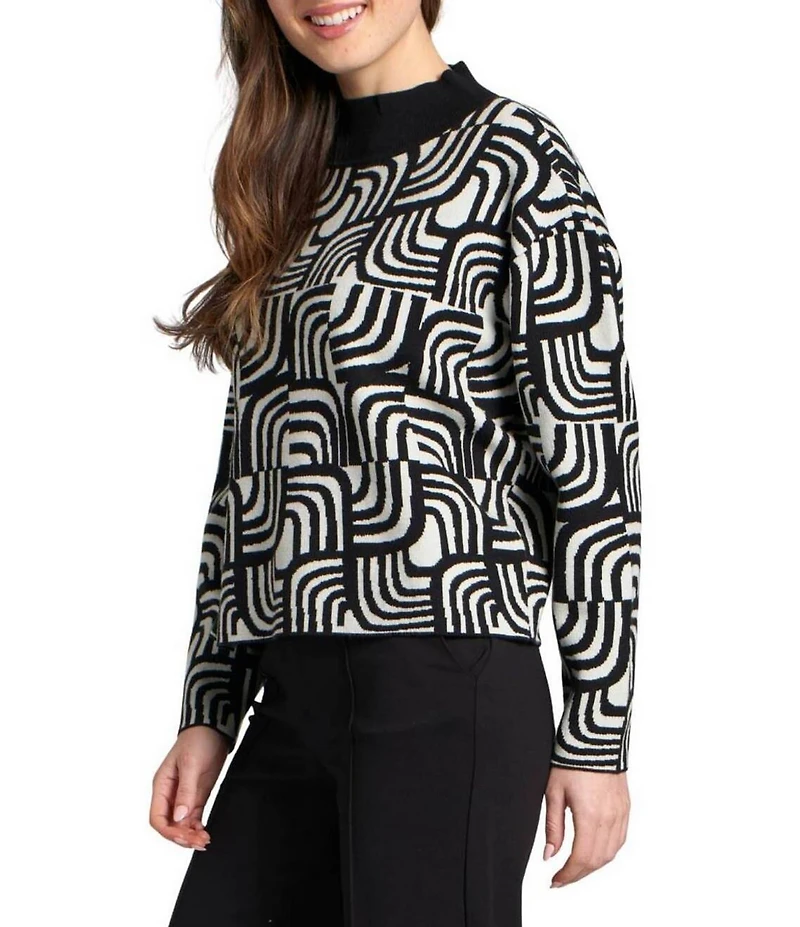 APNY Wool Blend Knit Jacquard Mock Neck Long Sleeve Sweater