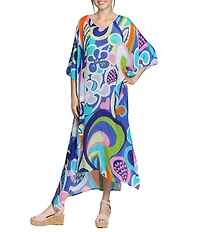 APNY Woven Abstract Print V-Neck 3/4 Sleeves Kaftan Maxi Dress