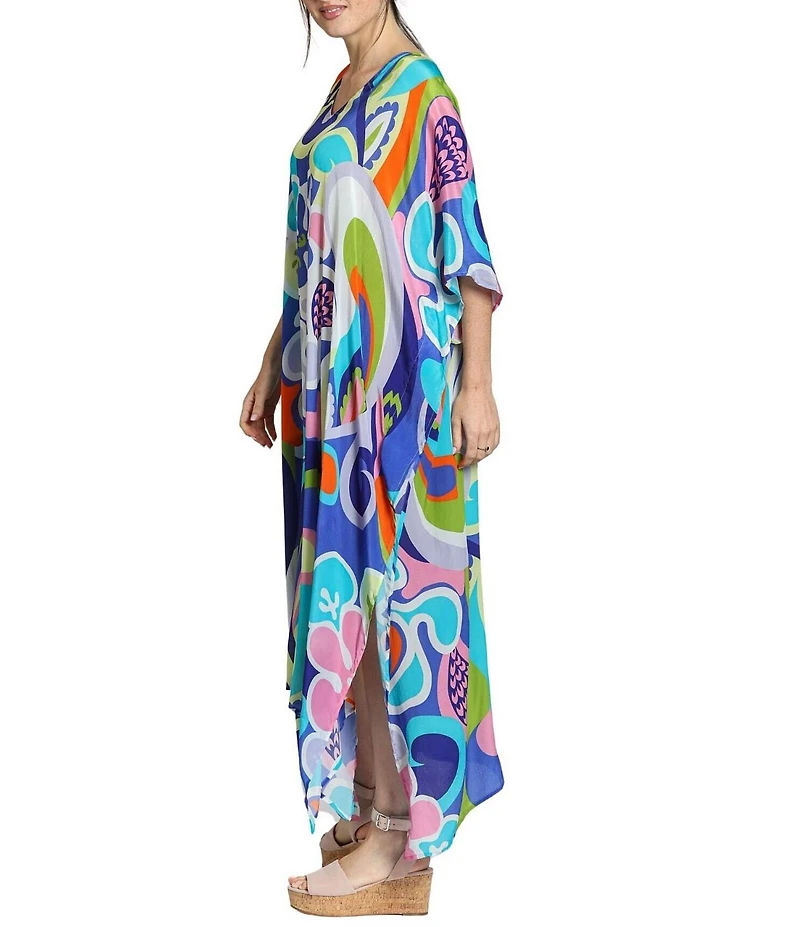 APNY Woven Abstract Print V-Neck 3/4 Sleeves Kaftan Maxi Dress