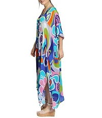 APNY Woven Abstract Print V-Neck 3/4 Sleeves Kaftan Maxi Dress