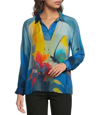 APNY Woven Abstract Print V-Neck Long Sleeve Blouse