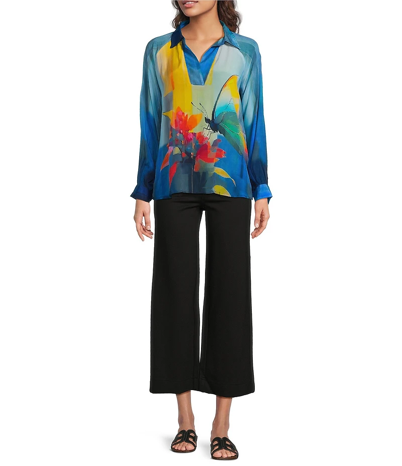APNY Woven Abstract Print V-Neck Long Sleeve Blouse