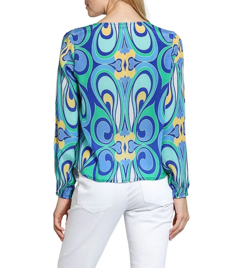 APNY Woven Abstract Print V-Neck Long Sleeve Tie Front Top