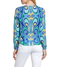 APNY Woven Abstract Print V-Neck Long Sleeve Tie Front Top