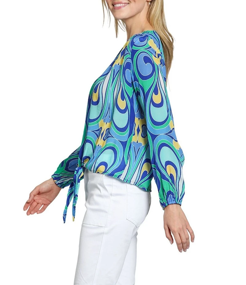 APNY Woven Abstract Print V-Neck Long Sleeve Tie Front Top